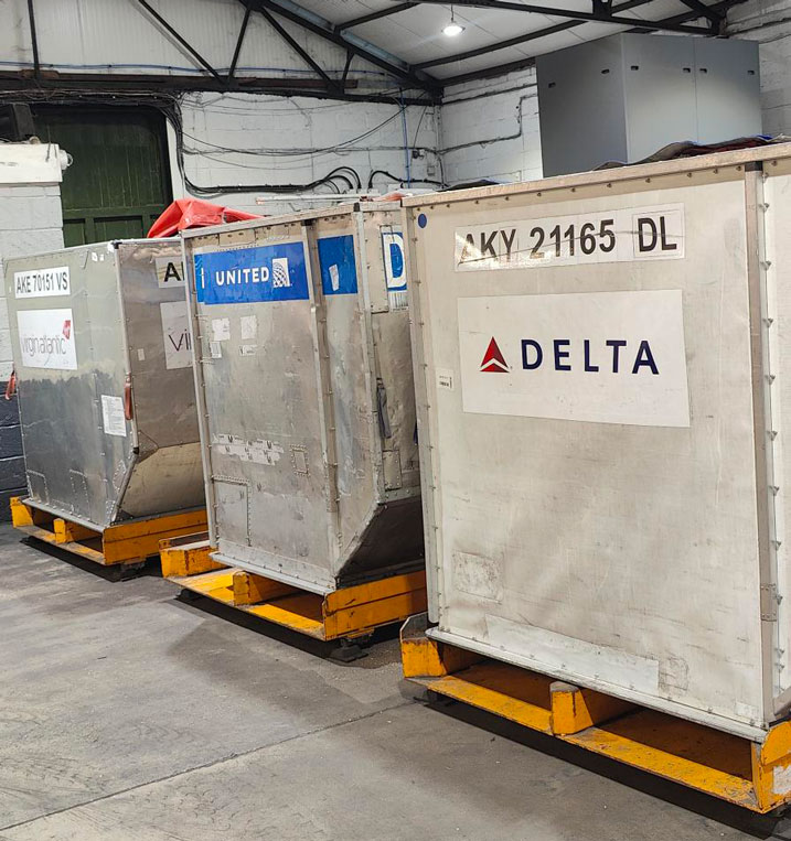 LD3s packed and ready for airfreight to the USA